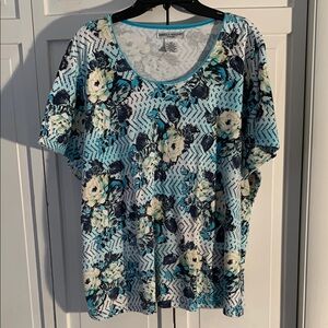 Rebecca Malone 2X Blue & White Floral Short Sleeve T-Shirt